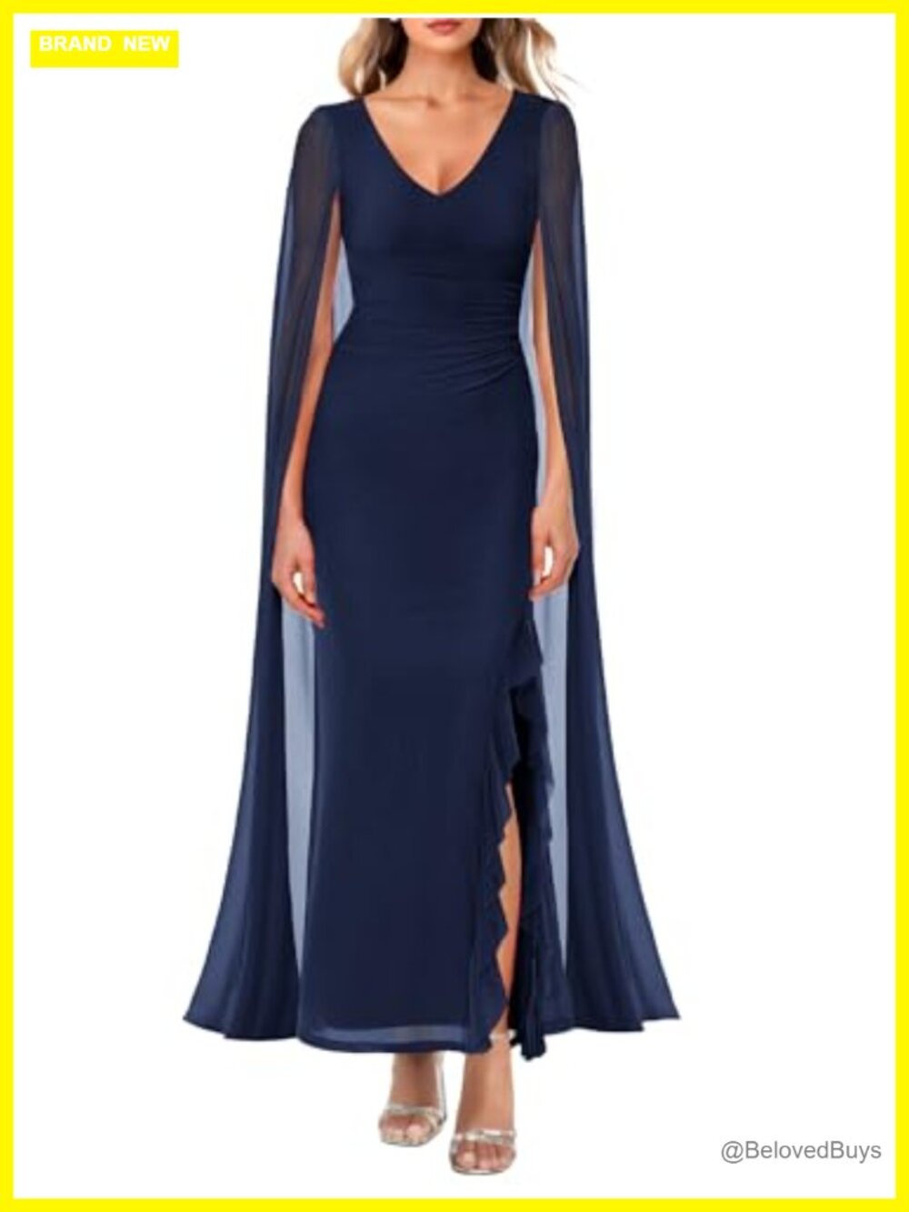 Women's V Neck Flowy Long Sleeve Split Formal Maxi Dress with Cape